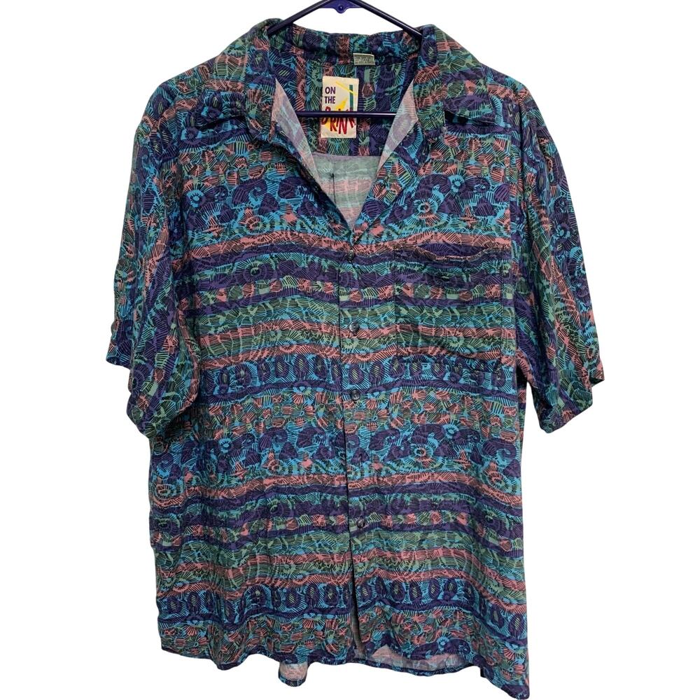 On The Brink Vintage Men's Geometric 80's Short Sleeve Button Up Tee Size XL